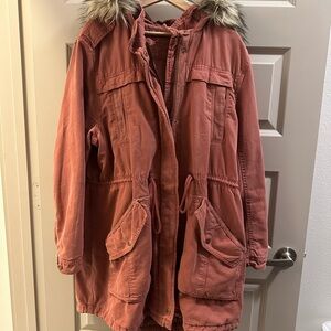American Eagle Outfitters Women's Terracotta Utility Jacket with Faux Fur Hood